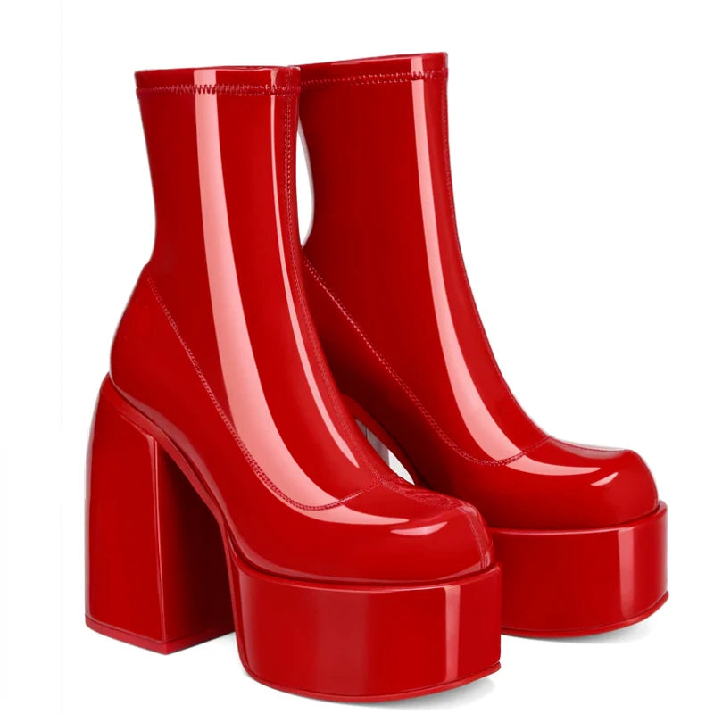 Botas modernas con tacones de plataforma para mujer, botas de cuero con punta redonda, tacones gruesos, zapatos de tacón de bloque de diseñador con cremallera, zapatos informales a la moda para chicas