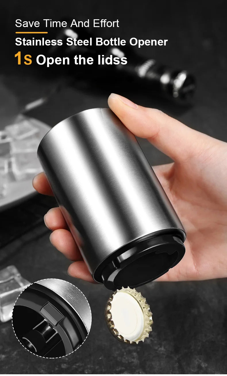 Abridor automático de botellas de cerveza de acero inoxidable, tapa de empuje sin curvatura, fácil de abrir para botellas de vidrio de cerveza y refresco, abridor de cocina