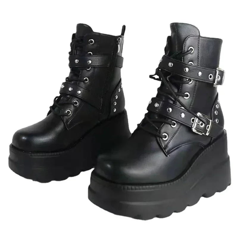 Nuevos botines de cuero Pu para mujer, Otoño Invierno, zapatos con cordones y punta redonda, botas góticas con plataforma para motocicleta para mujer, Cosplay