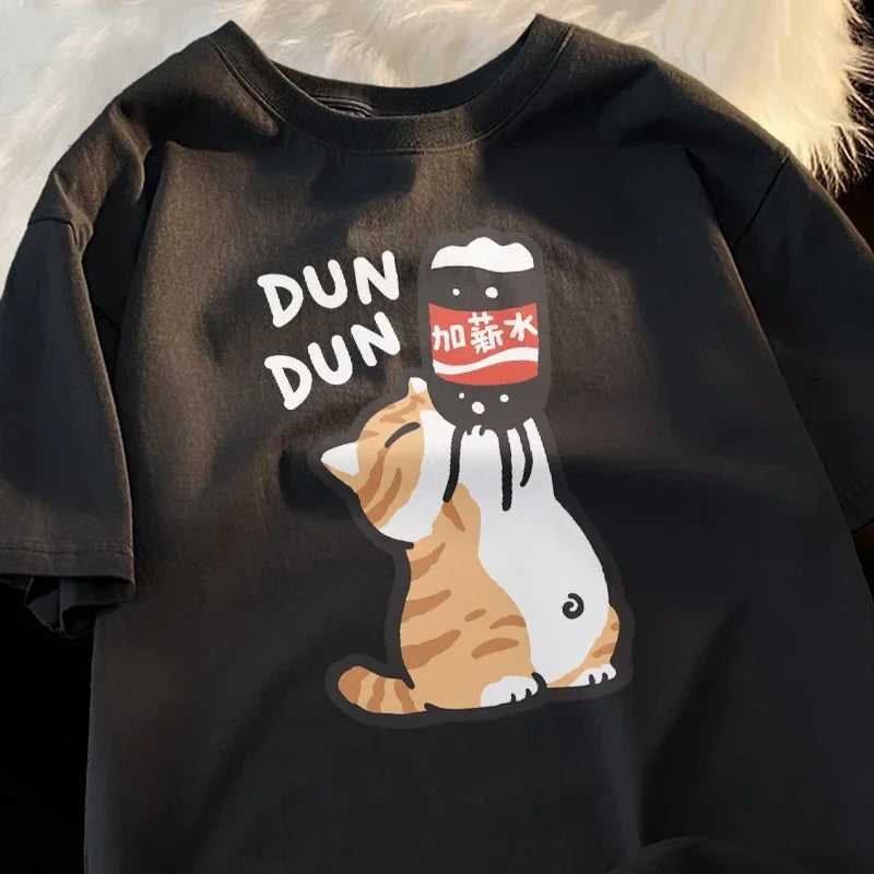 Camiseta con estampado de gatito de dibujos animados de tendencia retro de verano divertido estilo Chinoiserie, hombres y mujeres amantes del diseño suelto pantalón corto casual de manga