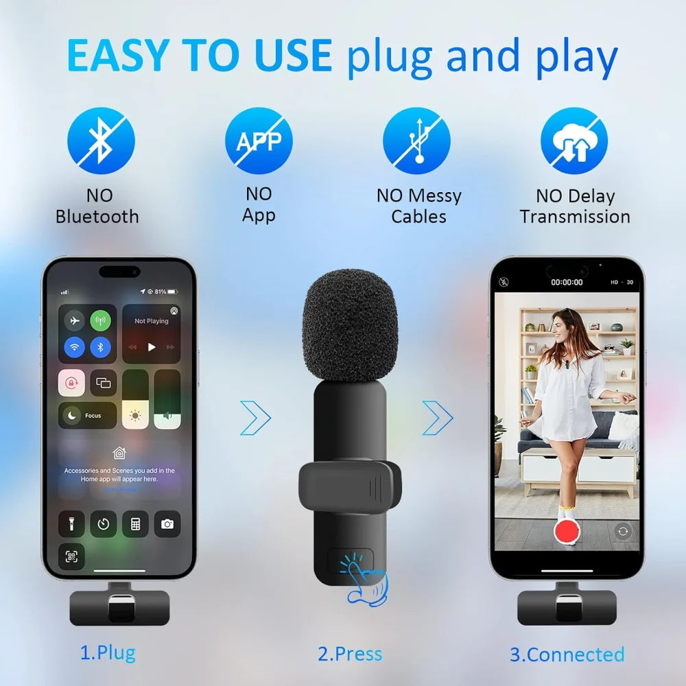 2 Micrófonos Lavalier Inalámbricos para iPhone, Android, iPad, Micrófono de Solapa Mini con Sonido Nítido