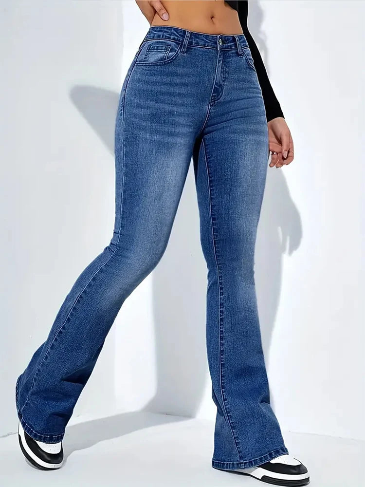 Pantalones vaqueros elásticos acampanados con bigote para mujer, pantalones vaqueros grises de cintura alta con parte inferior acampanada, pantalones largos Punk clásicos Y2K para mujer