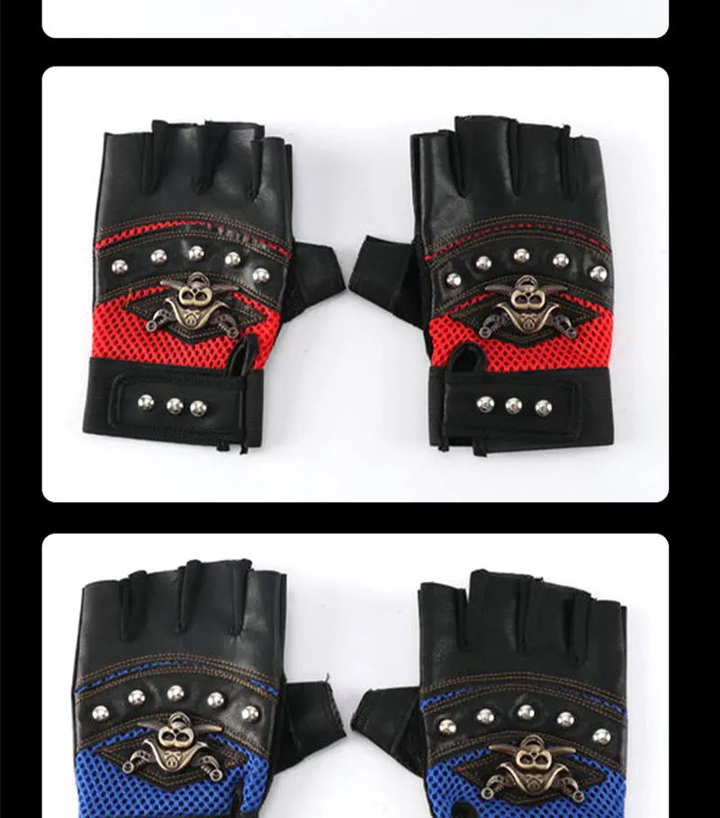 Guantes sin dedos de cuero PU de capitán pirata para hombre y mujer, manoplas con remaches de calaveras, guantes de gimnasio de Hip Hop, guantes de medio dedo para Moto femenina