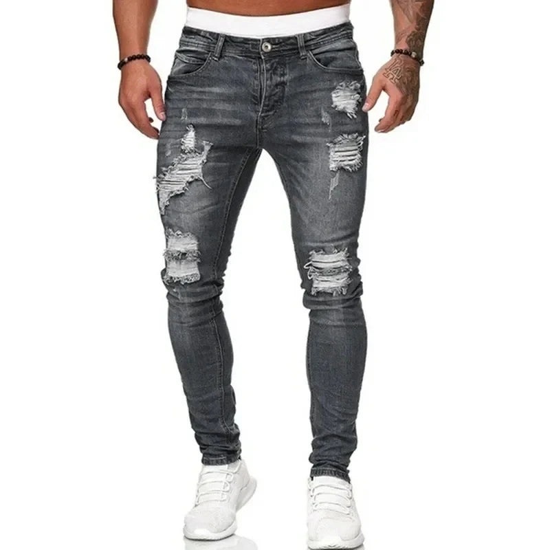 Pantalones vaqueros ajustados rasgados de estilo callejero a la moda para hombre, pantalones vaqueros lisos con lavado Vintage, pantalones vaqueros ajustados informales para hombre, gran oferta