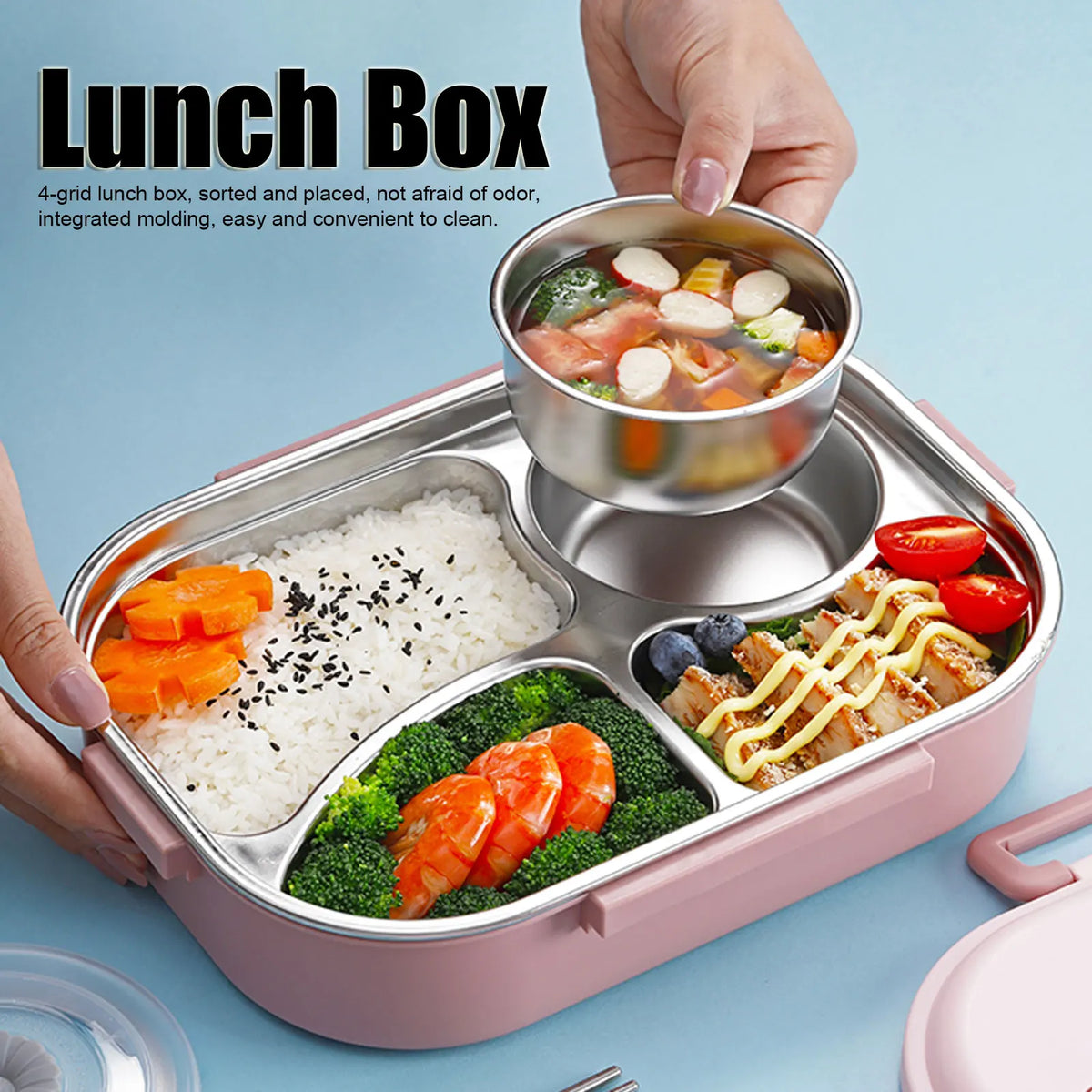 Fiambrera de acero inoxidable para estudiantes y adultos, contenedor de almacenamiento de alimentos, caja Bento portátil de 4 compartimentos