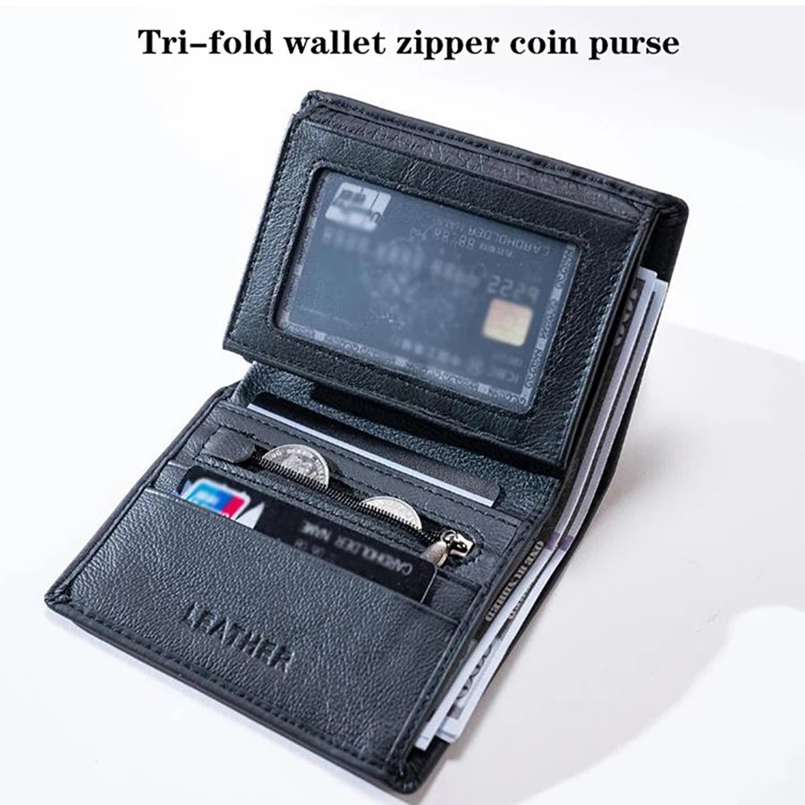 Cartera para hombre, billeteras de cuero genuino para hombre, monedero con cremallera, billeteras de negocios verticales, tarjetero antirrobo RFID, monedero