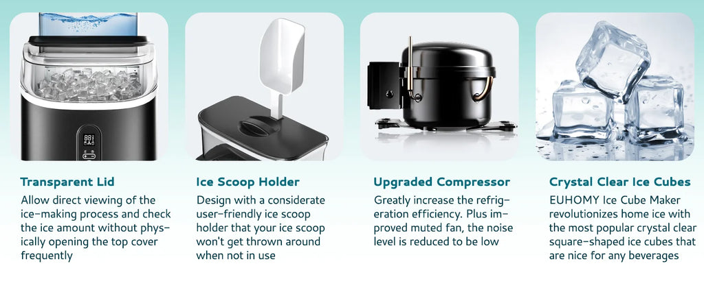 Máquina para Hacer Hielo EUHOMY, Producción de 15 kg/24 h, 16 Cubos/13 Minutos, Función de Autolimpieza, Dispositivo Automático para Hacer Hielo para el Hogar, Cocina y Bar