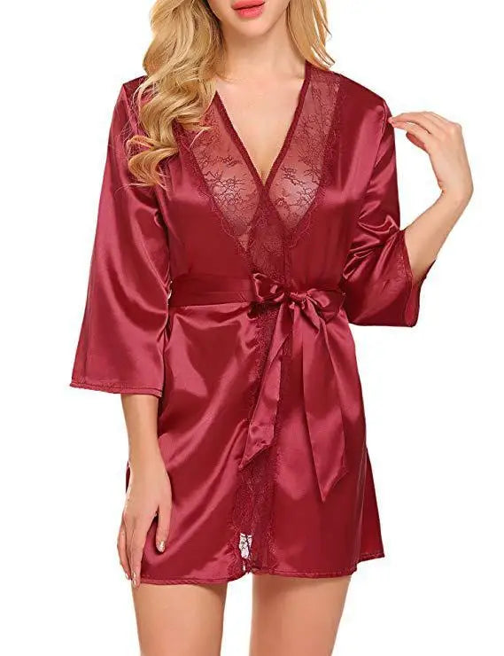Bata de satén de encaje Sexy para mujer, ropa de dormir, camisón corto, Kimono, albornoz, lencería, camisón, vestido suave y cómodo negro de talla grande