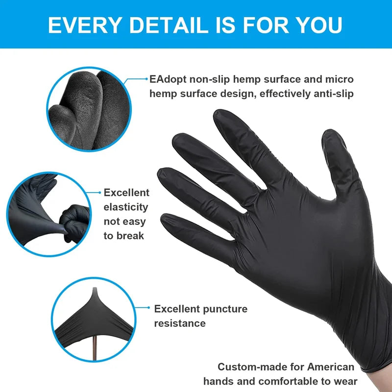 Guantes de nitrilo negros desechables, guantes de limpieza duraderos y gruesos para el hogar, para cocina, teñido del cabello, tatuaje, 20/50/100 Uds.