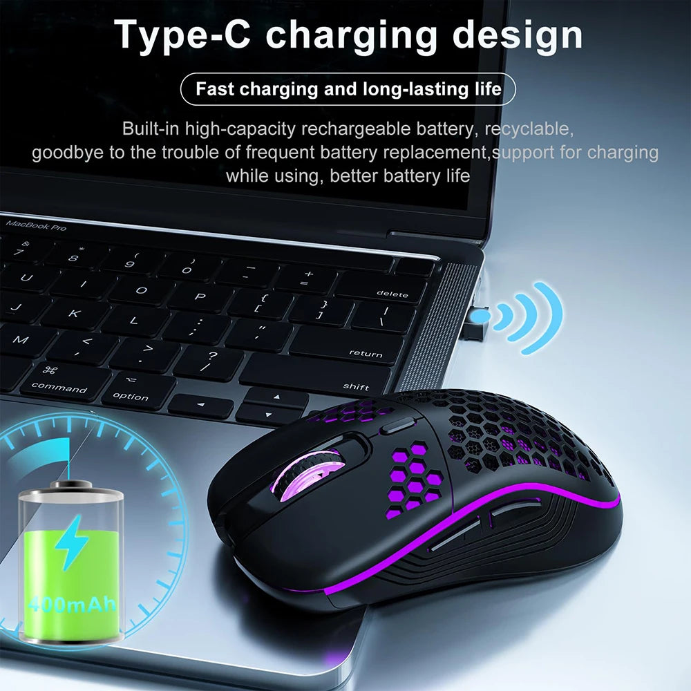 Ratón inalámbrico RGB 2,4G para juegos, ratón de carga con iluminación RGB y diseño ergonómico de panal de DPI ajustable para ordenador portátil de escritorio