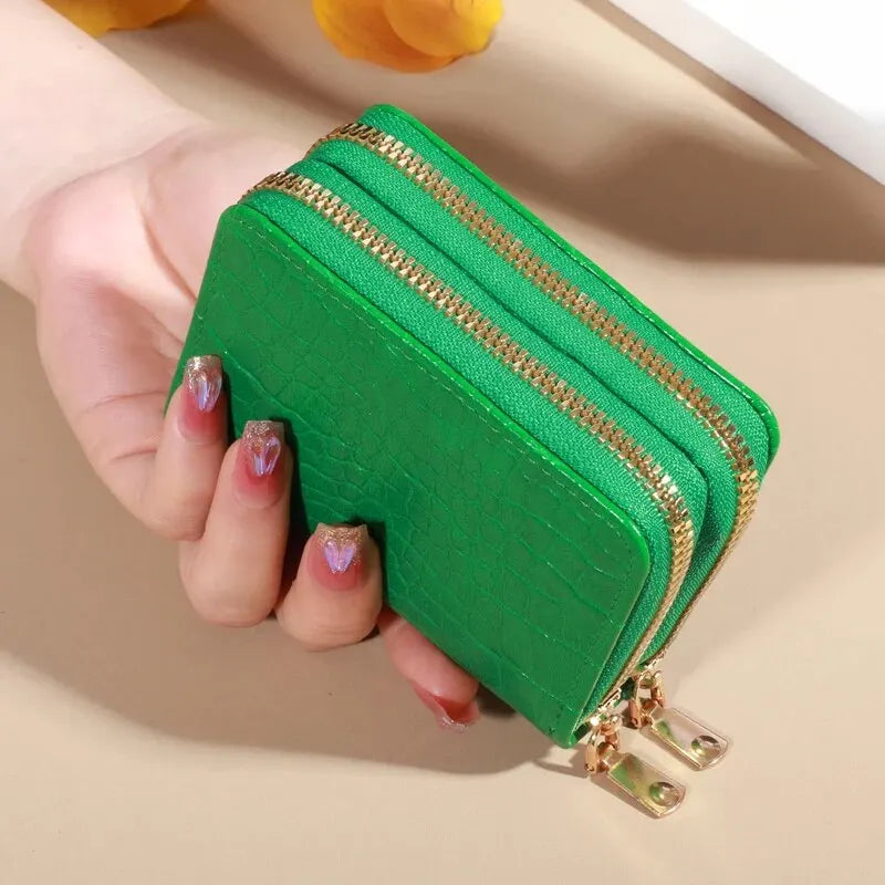 Cartera elegante para mujer con múltiples tarjetas: bolso de mano seguro con doble cremallera |   Monedero casual de cuero PU con bolso de tarjeta de cocodrilo de almacenamiento de estilo