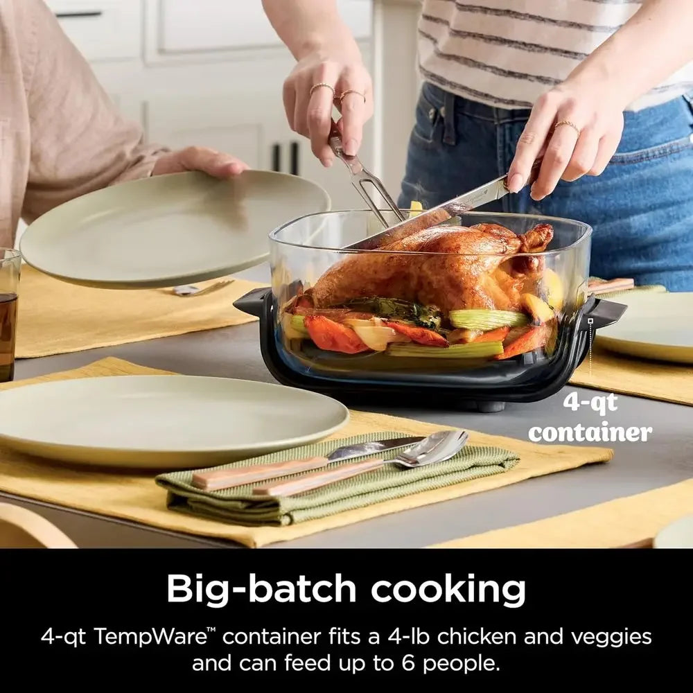 Sistema de Cocina Portátil 5 en 1 con Freidora de Aire de Vidrio, 1500W, Contenedores de 6 Tazas, 4 Cuartos y 2.5 Cuartos, Apto para Microondas, Congelador y Lavavajillas