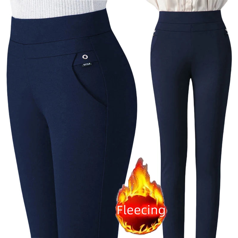 Pantalones de talla grande para mujer, ropa básica de lana para oficina, pantalones pitillo térmicos gruesos y finos, Otoño e Invierno 2024