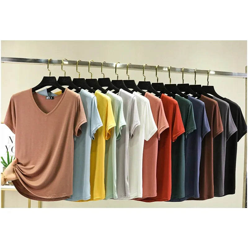 Camiseta de Modal con cuello en V para mujer, camisetas de fondo fino, camisetas holgadas de talla grande, ropa de calle, Top básico