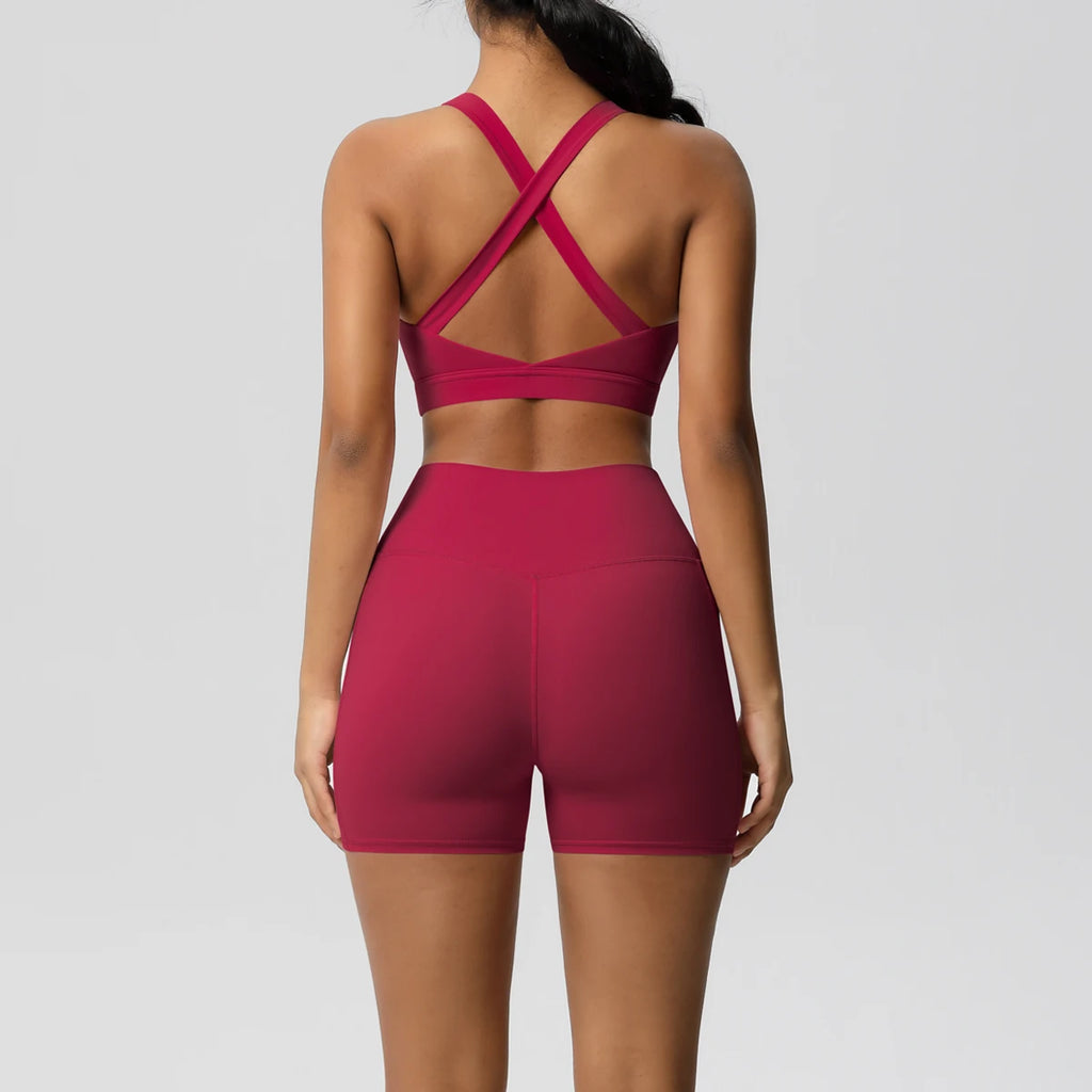 Ropa deportiva con bolsillo para mujer, conjunto de Yoga, ropa de gimnasio, trajes de Yoga para mujer, chándales, pantalones cortos deportivos, sujetador cruzado, mallas de gimnasio, 2 uds.