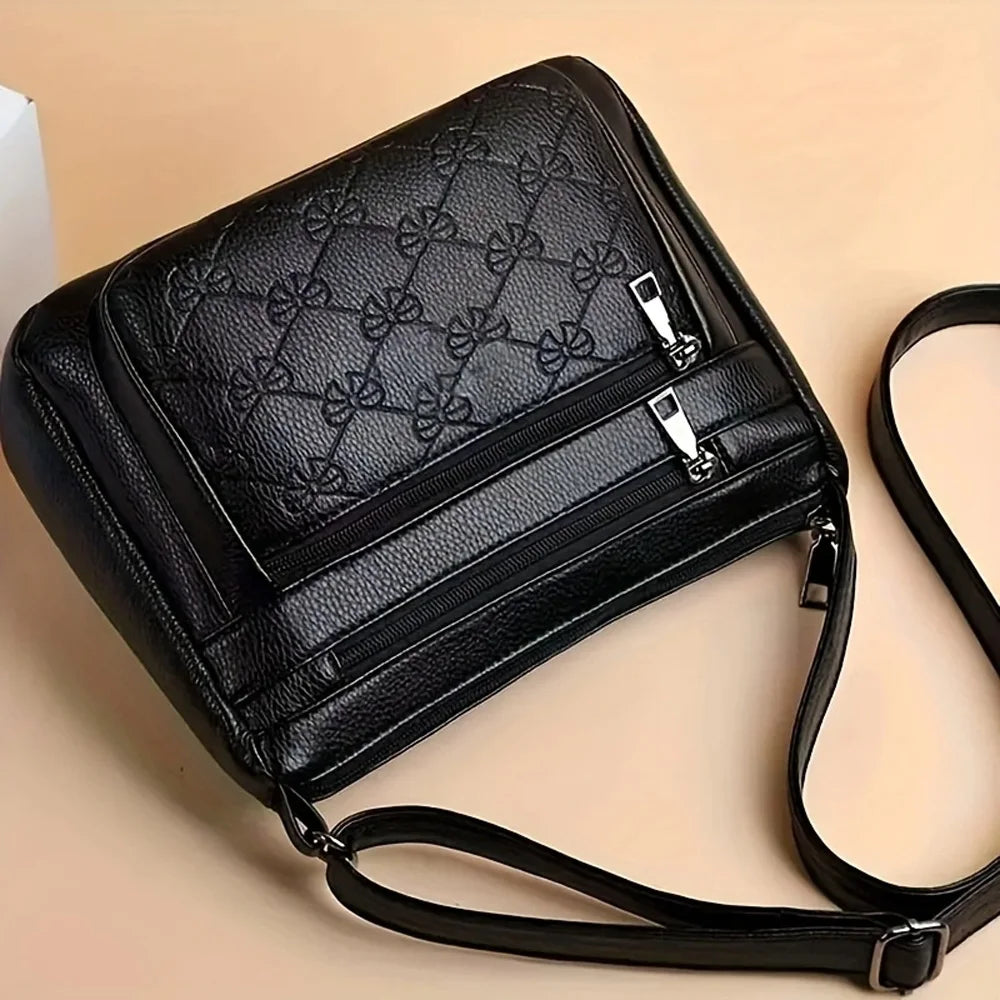Bolso de Hombro de Moda para Mujer, de Piel Sintética, Gran Capacidad, con Múltiples Bolsillos, Estilo Mamá, Negro, Repujado, para Salidas y Fiestas