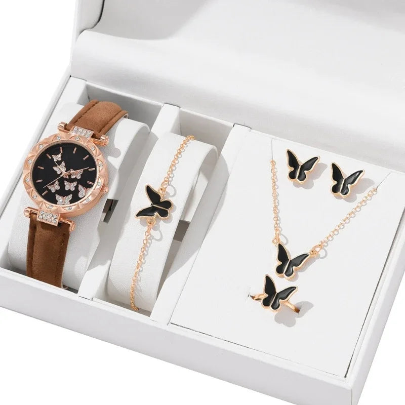 Conjunto de joyería de mariposa (sin caja), relojes para mujer, relojes de cuero para mujer, anillos, collar, pendientes, pulsera, regalo de boda