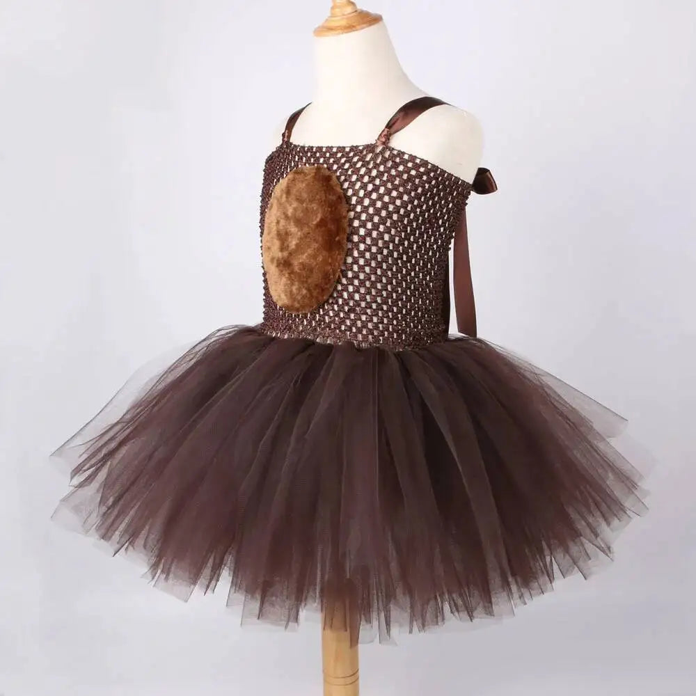 Vestido tutú de oso marrón para niñas, disfraz de Animal de Halloween, traje de Navidad y cumpleaños para niños, ropa para niños con orejas y cola de lazo