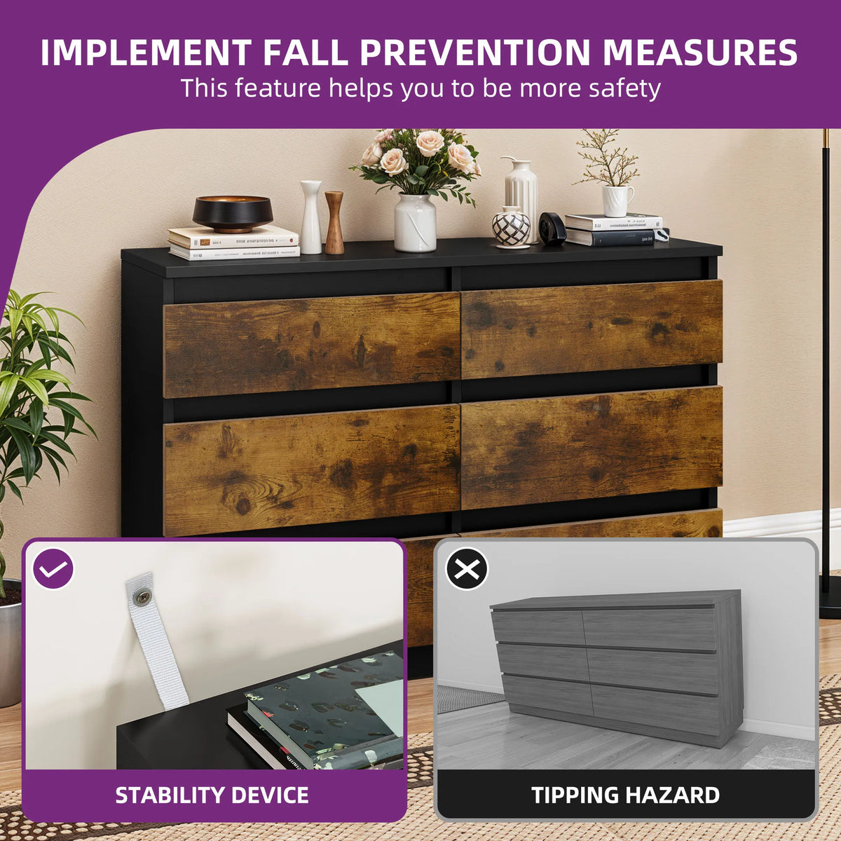 YITAHOME Cómoda de 6 cajones: moderna unidad de almacenamiento para dormitorio de 100x30x70 cm, MDF duradero y aglomerado para ropa y elementos esenciales