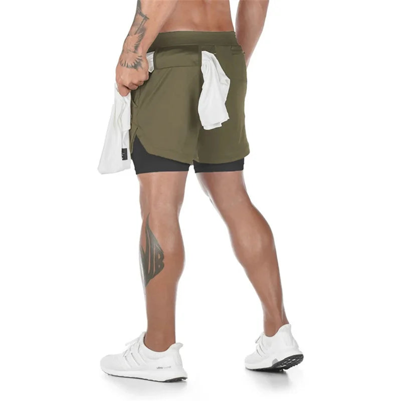 Pantalones cortos deportivos de doble capa para hombre, pantalones cortos deportivos 2 en 1 para entrenamiento de gimnasia, entrenamiento de secado rápido, trote, doble cubierta, verano