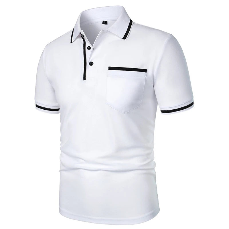 Nuevas camisas Polo de manga corta para hombre, camiseta informal de Color sólido, camisas de verano a la moda transpirables holgadas básicas con empalme y bolsillos superiores para hombre
