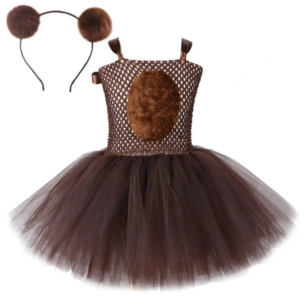 Vestido tutú de oso marrón para niñas, disfraz de Animal de Halloween, traje de Navidad y cumpleaños para niños, ropa para niños con orejas y cola de lazo
