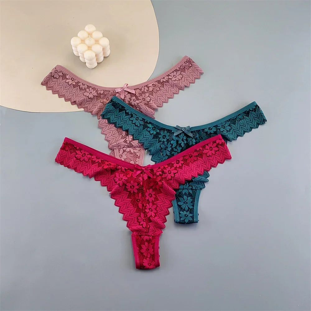 Paquete de 3 tangas de encaje para mujer, ropa interior transparente de cintura media, bragas femeninas con volantes, tallas grandes