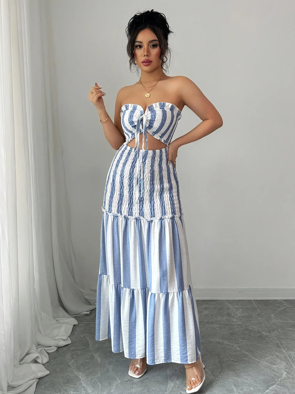 Vestido a Rayas de Moda con Hombros Descubiertos, Falda con Trenzas Delanteras, Elegante Vestido para Damas