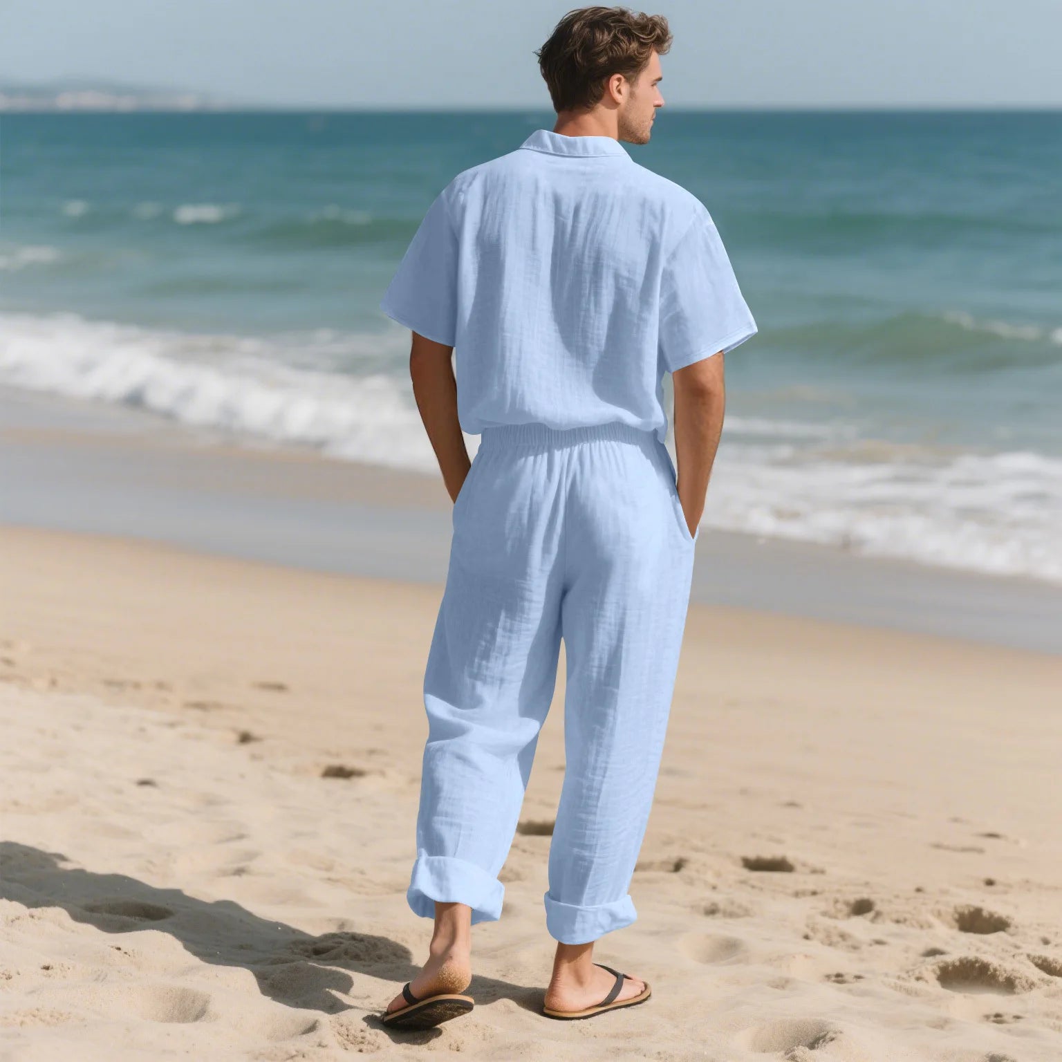 Conjuntos informales de dos piezas de lino y algodón para hombre, camisas y pantalones básicos Vintage de playa, traje informal de Color sólido, conjunto de chándales hawaianos para hombre