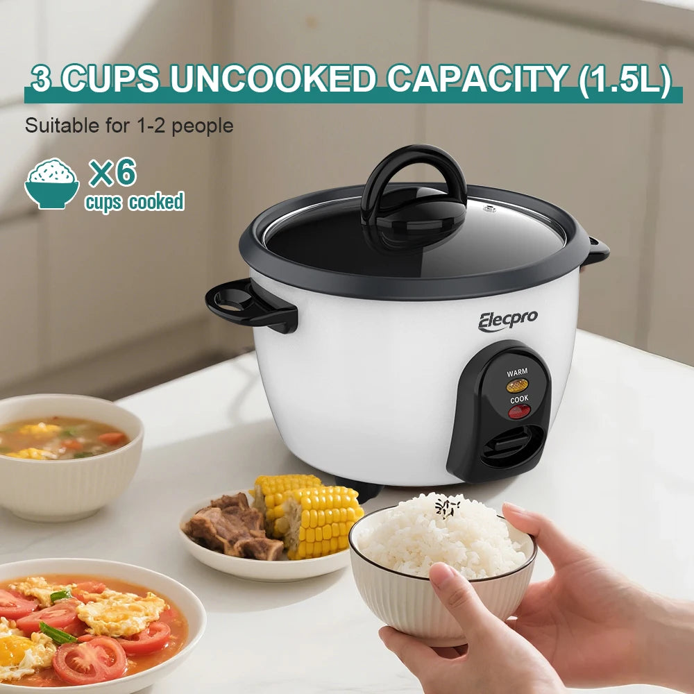 Elecpro Mini olla arrocera de 3 tazas de arroz con vaporizador, vaporizador de alimentos pequeño portátil, olla interior antiadherente extraíble de calidad alimentaria