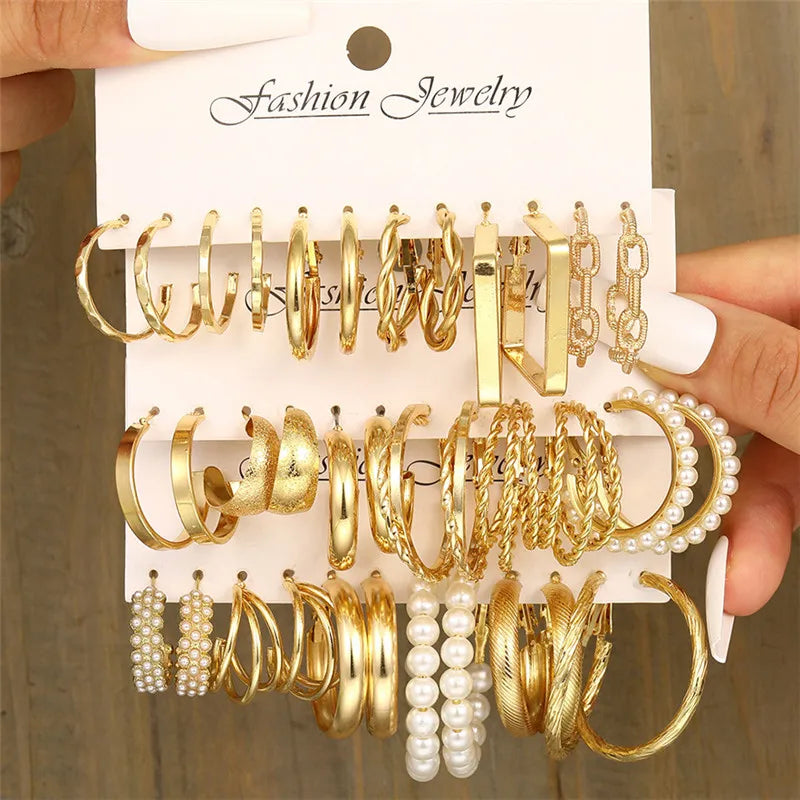 Conjunto de pendientes de aro bohemios de círculo grande para mujer, pendiente de perla Vintage bohemio de Color dorado, pendientes de circonita con forma de corazón, regalos de joyería