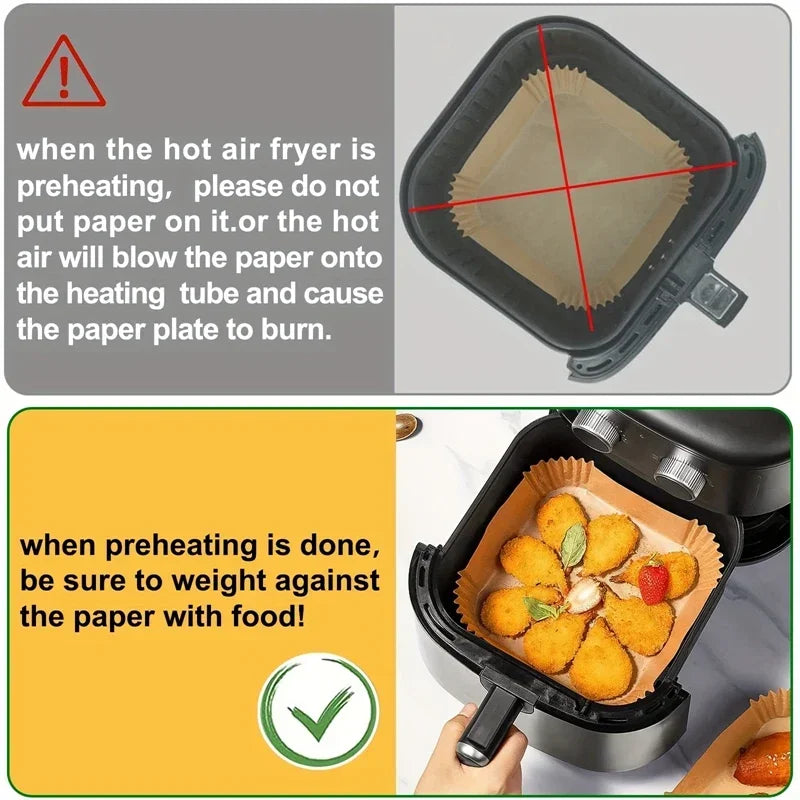 Bandeja de papel especial para freidora de aire, almohadilla de papel absorbente de aceite resistente a altas temperaturas, papel cuadrado para hornear, cocina, 50/100 Uds.