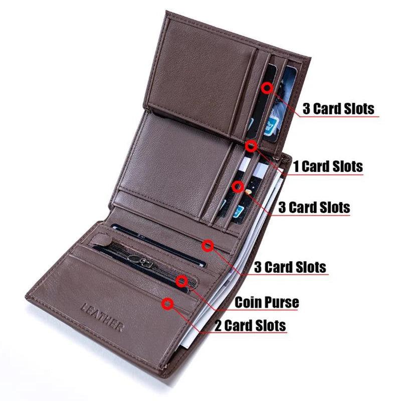 Cartera para hombre, billeteras de cuero genuino para hombre, monedero con cremallera, billeteras de negocios verticales, tarjetero antirrobo RFID, monedero