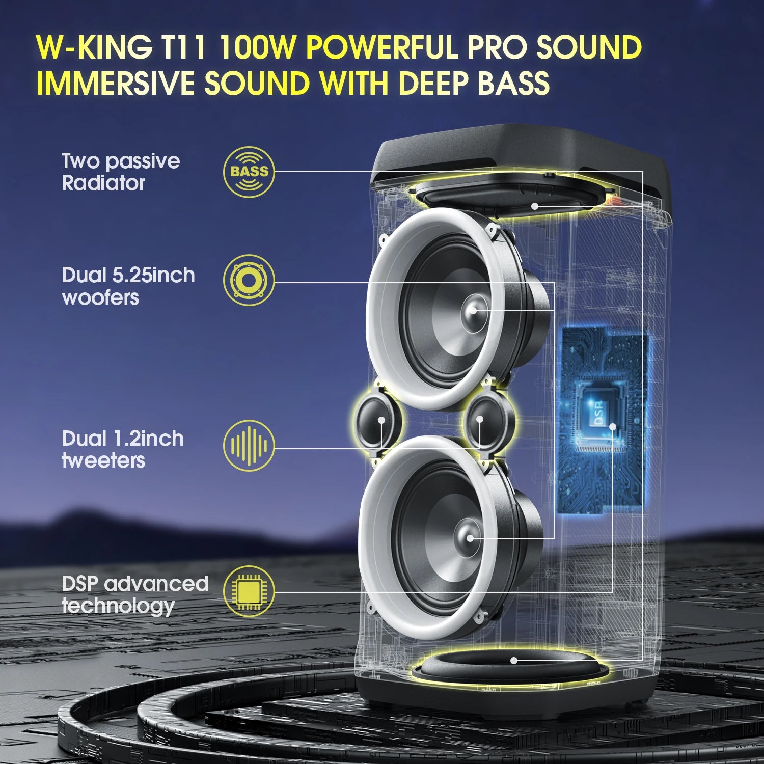 Altavoces Bluetooth W-KING T11 de 100 W RMS, Resistentes al Agua IPX6, BT 5.3, Altavoz Portátil para Fiestas, Graves Profundos Inalámbricos/Sonido Masivo de 115 dB
