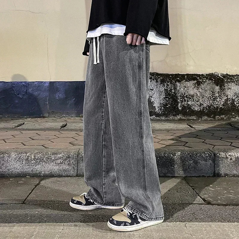 Ropa de calle de estilo coreano, nueva moda, pantalones vaqueros informales holgados para hombre, pantalones vaqueros Harajuku de calle alta, pantalones de marca para hombre, negro, gris y azul