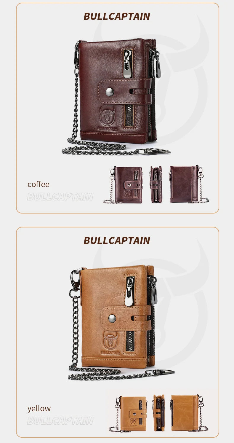 Cartera Bullcaptain de cuero genuino para hombre, monedero de viaje de calidad a la moda, protección Rfid, tarjetero Wollst para hombre con cadena