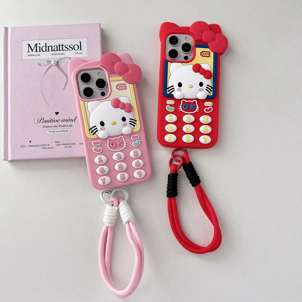 Lindo teléfono 3D Hello Kitty funda de teléfono para iPhone 17 16 15 14 13 Pro Max Plus 17 Pro cubierta de silicona suave de dibujos animados con cordón