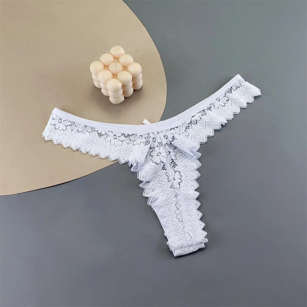 Paquete de 3 tangas de encaje para mujer, ropa interior transparente de cintura media, bragas femeninas con volantes, tallas grandes