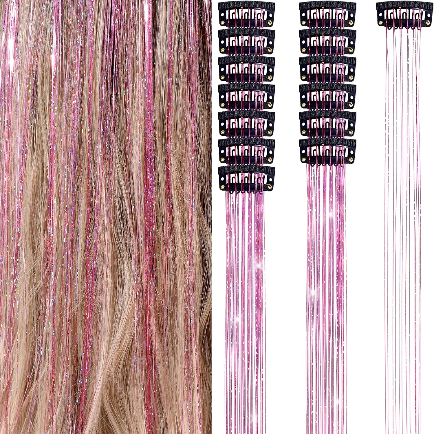 6 uds 50cm chispeantes pelo brillante oropel extensiones de cabello oropel extensiones de Clip de pelo sintético mujeres para tocado trenzado