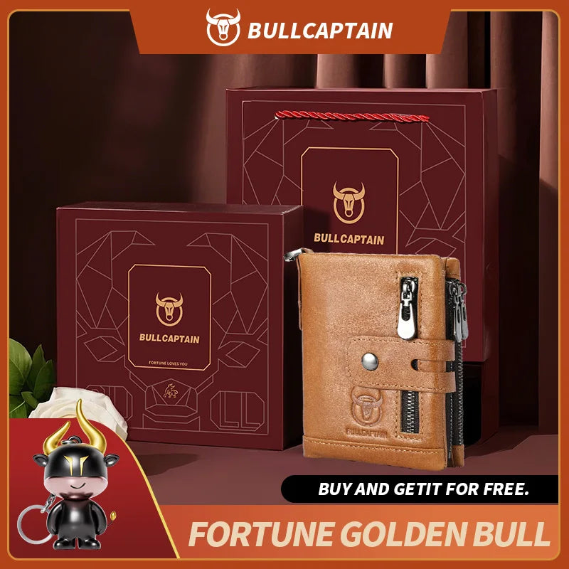 Cartera Bullcaptain de cuero genuino para hombre, monedero de viaje de calidad a la moda, protección Rfid, tarjetero Wollst para hombre con cadena