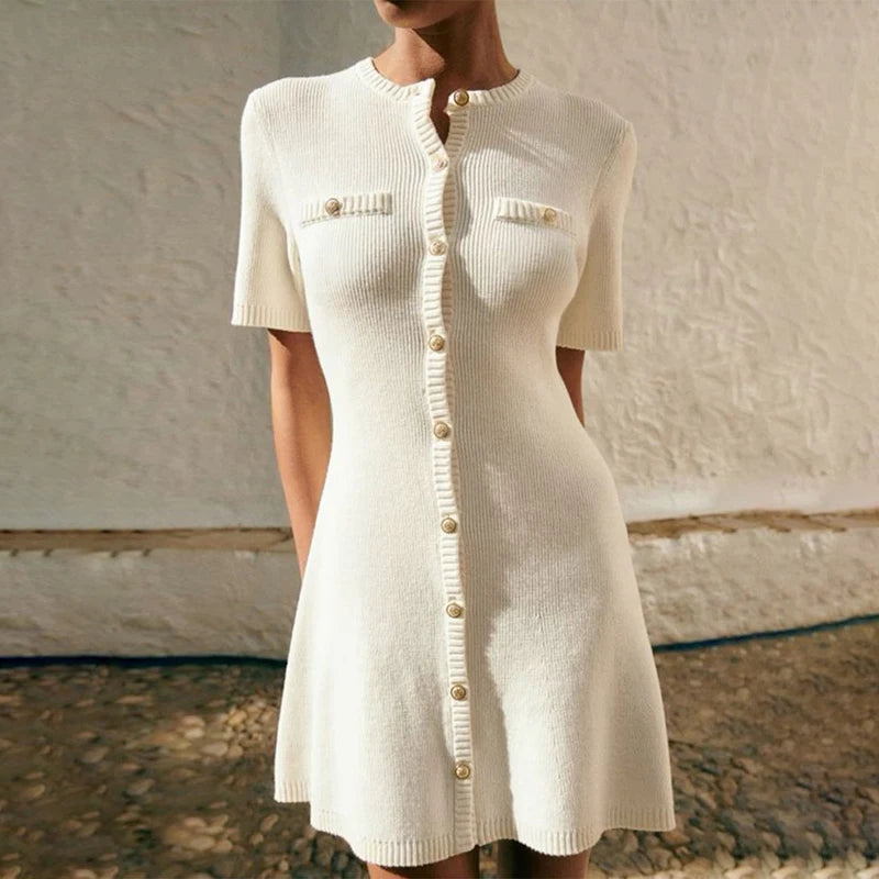 Minivestido blanco elegante de punto para mujer, suéter Sexy ajustado con botones de Metal, trajes de fiesta de vacaciones, otoño 2024