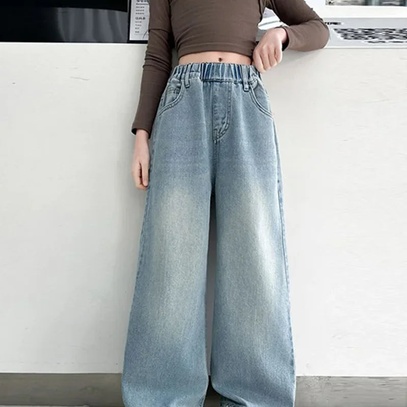 Pantalones vaqueros sueltos para chicas adolescentes, pantalones vaqueros de pierna ancha para primavera y otoño, nuevos pantalones rectos a la moda para niños, ropa informal para adolescentes
