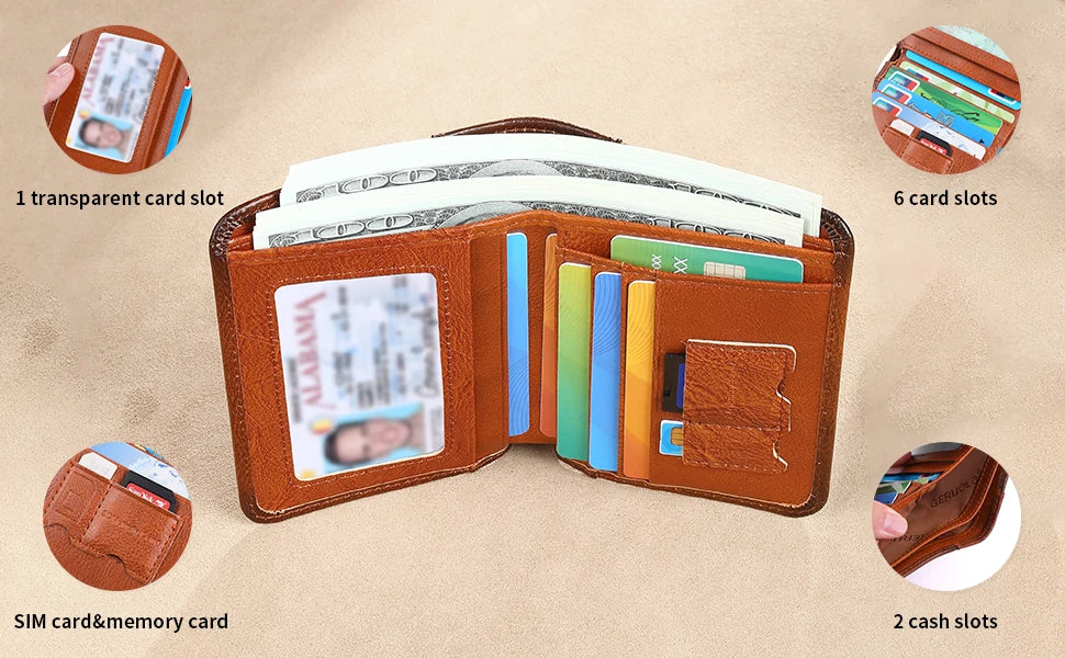 GERUOLA Cartera delgada de cuero genuino con protección RFID para hombre, tarjetero multifuncional para identificación y tarjeta de crédito, color marrón oscuro con adornos