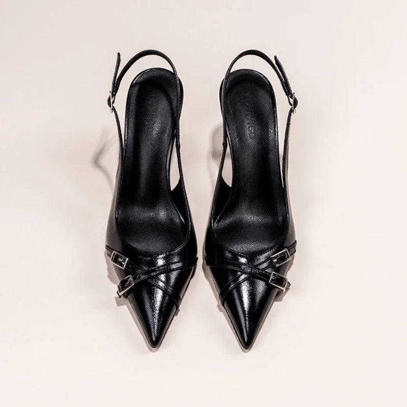 Nuevos zapatos de tacón alto con punta estrecha a la moda, zapatos de tacón alto con hebilla elegante decorada, zapatos de mujer negros de aguja NO: 602
