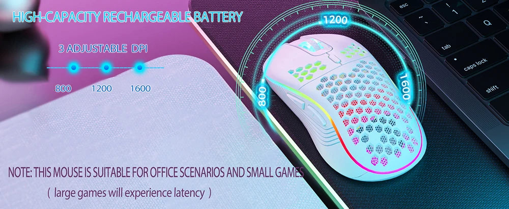 Ratón inalámbrico RGB 2,4G para juegos, ratón de carga con iluminación RGB y diseño ergonómico de panal de DPI ajustable para ordenador portátil de escritorio