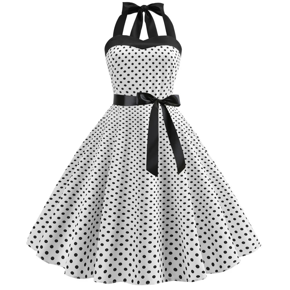Elegante Vestido de Mujer con Estampado de Puntos, Estilo Hepburn de los Años 50 y 60, Vestido Vintage Sexy con Cuello Halter, Estilo Rockabilly Retro para Fiesta u Oficina, Vestido Pinup 2026