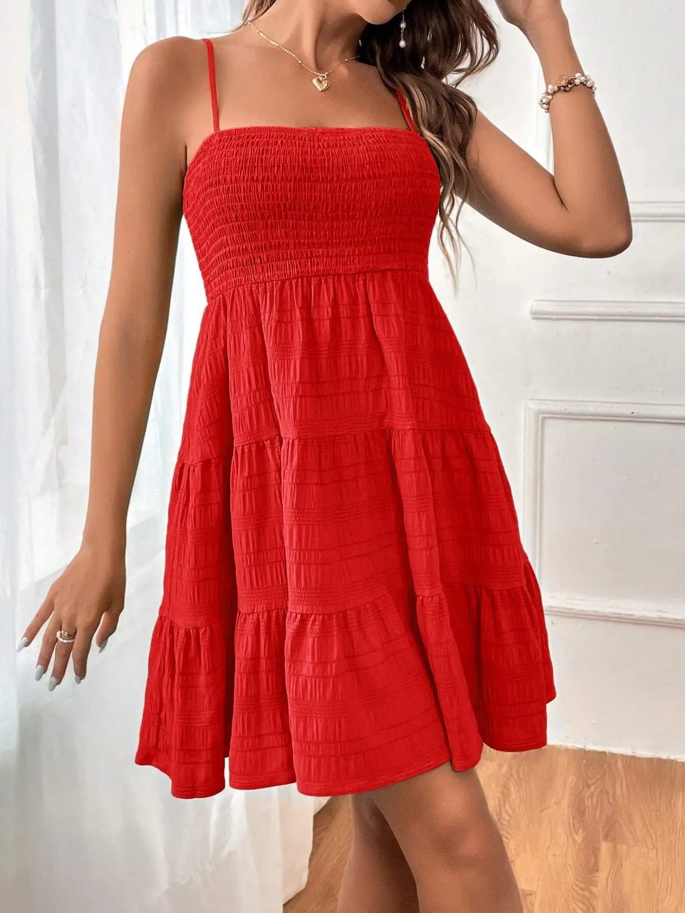 Minivestido con corpiño ahumado y tirantes finos para mujer, vestido azul con volantes escalonados, ropa informal de verano para vacaciones y playa