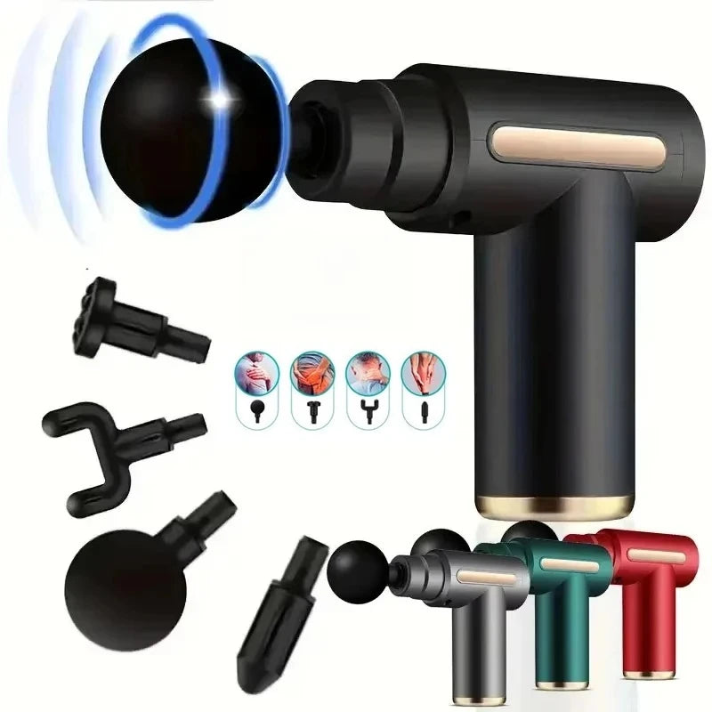 Pistola de masaje eléctrica, herramienta de masaje de percusión de tejido profundo de 4 piezas, relaja los músculos en partes del cuerpo y alivia el dolor.