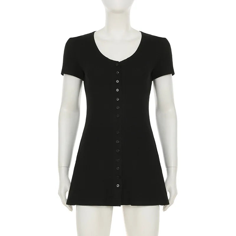Novedad de verano, minivestido elegante de punto sin tirantes para mujer, vestidos de manga corta con cuello en V y botones, ropa de calle para mujer Ne