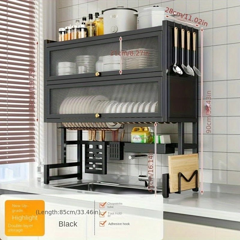 Estante para platos con soporte para utensilios para fregadero, organizador de acero al carbono a prueba de polvo para platos/cuchos/tableros de corte |     Cocina espacial